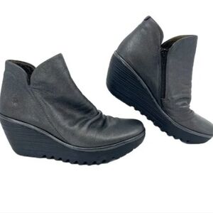 Fly London Gray Metallic Comfort Wedge Booties | Size 39EU